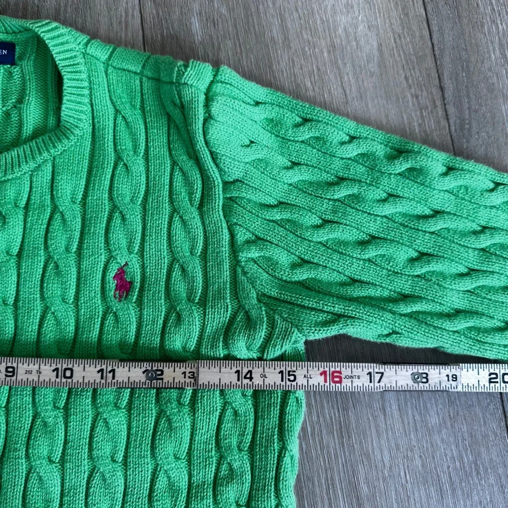 Ralph Lauren Girls XL 16 Green Cable Knit Peplum Cardigan Pink Pony Sweater